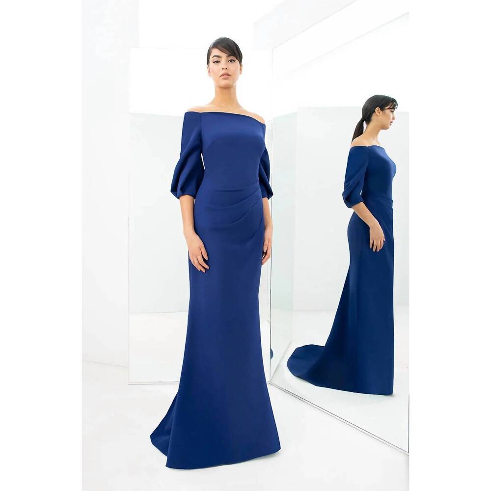 NEW ALEXANDER BY DAYMOR off shoulder prom dress in indigo blue